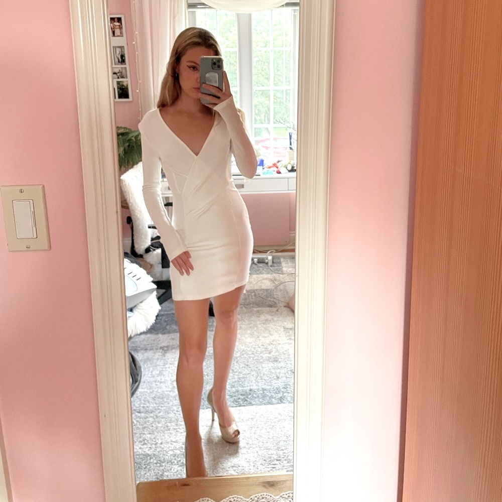 Long sleeve form fitting plunge dress